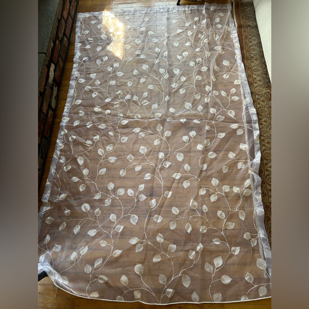 Henredon Vintage Sheer With Leaf Design Window Curtain  50”w x 82” L White